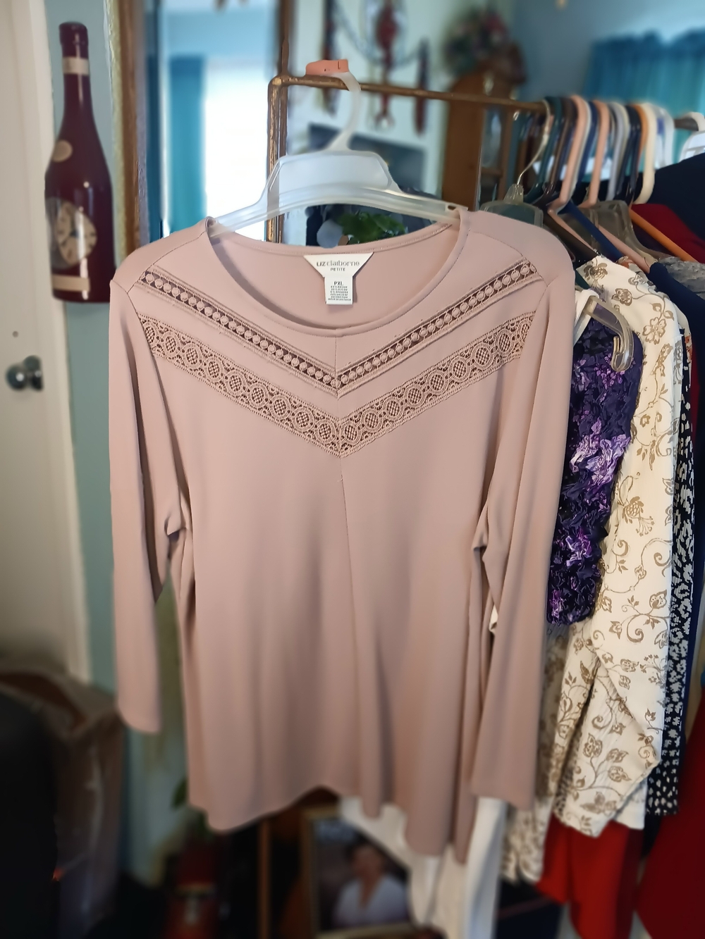 Liz Claiborne Dusty Rose Lace-Trim Long Sleeve Top